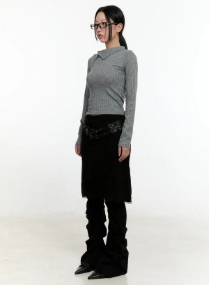 Ribbed Knit Lace Midi Skirt CN505