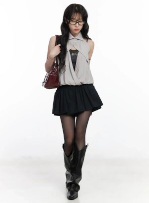 Chic Pleated Mini Skort with Elastic Waistband CJ526
