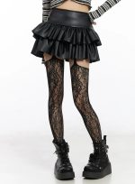 Faux-Leather Ruffle Mini Skirt CD522