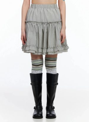 Tiered Plaid Frill Midi Skirt IA523