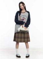 Plaid Button Detail Flare Midi Skirt CJ520