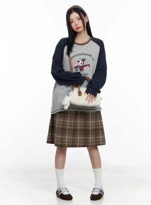 Plaid Button Detail Flare Midi Skirt CJ520